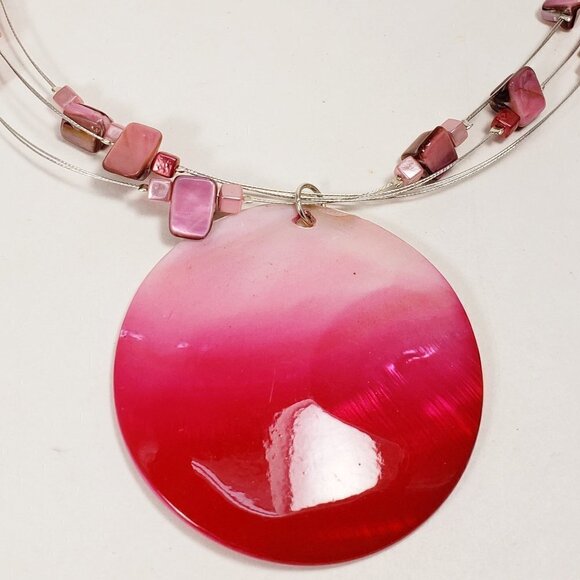 Seashell Pink Beaded Necklace with Pendant: Silver Tone Layered Illusion - Picture 4 of 6